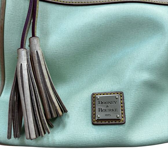 Dooney & Bourke Maddie bag saffiano leather green & tan double straps tassel